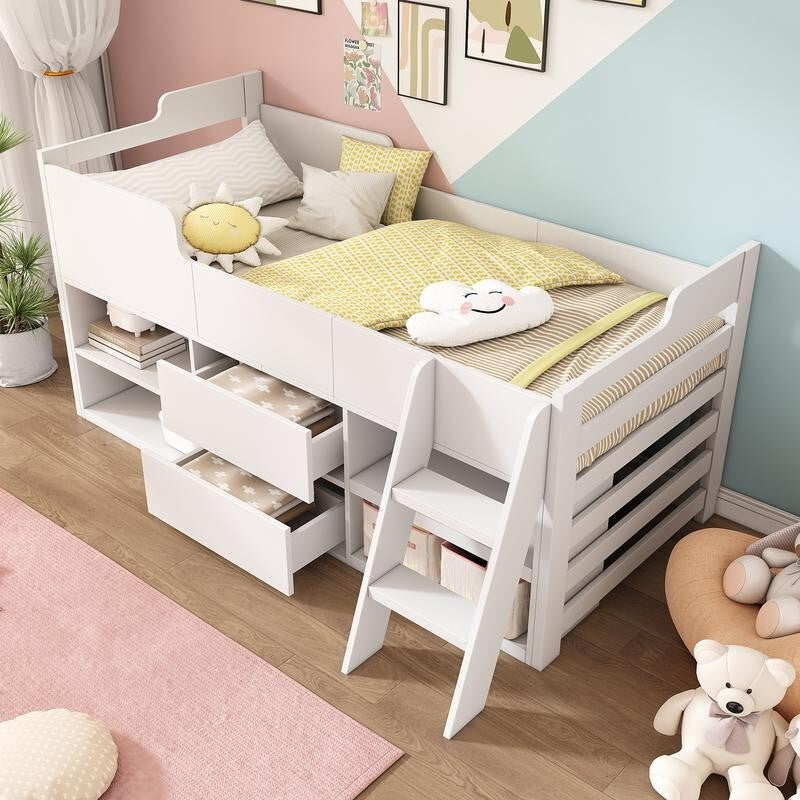 Kids Cabin Bed Mid Sleeper with Drawers Shelves Taupe 3FT Storage Wooden Frame