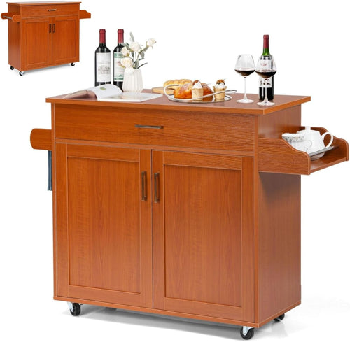 Reddish Brown Kitchen Island Cart with Cabinet, Drawer & Lockable Wheels