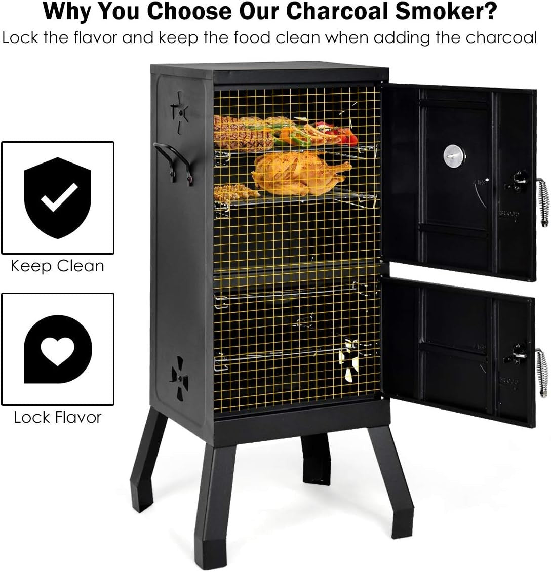 Charcoal BBQ Smoker Grill with Thermometer 2 Door Outdoor Roaster Cooking Oven