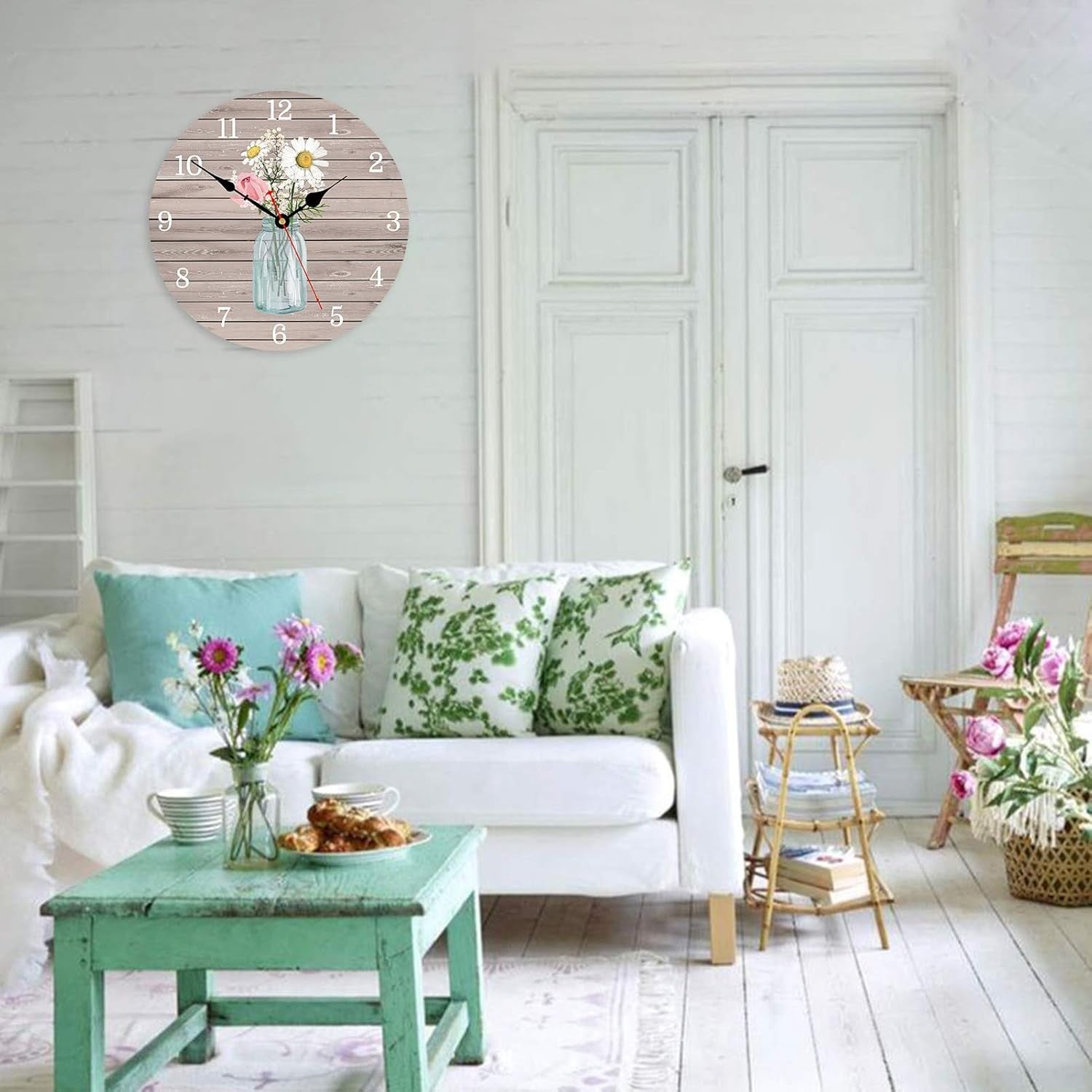 14" Rustic Floral Wall Clock Silent Non-Ticking Wooden Round Home Decor