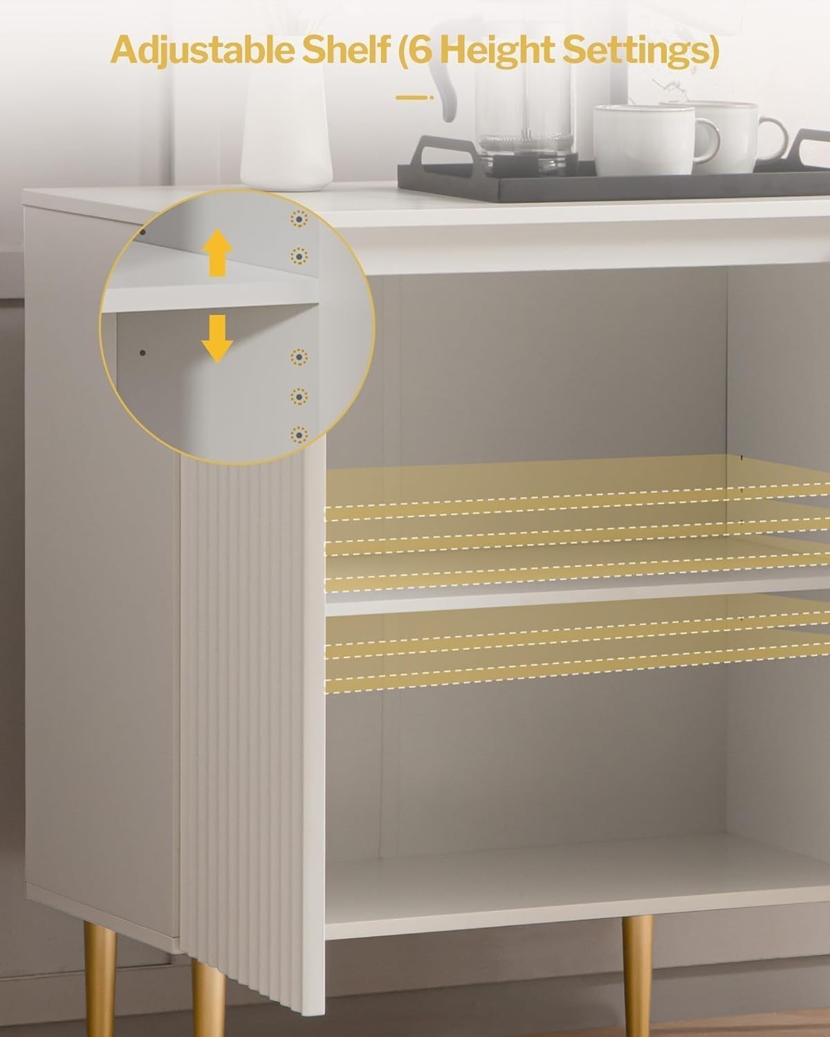 Modern White Fluted Sideboard Cabinet Storage Unit 2 Door Metal Legs