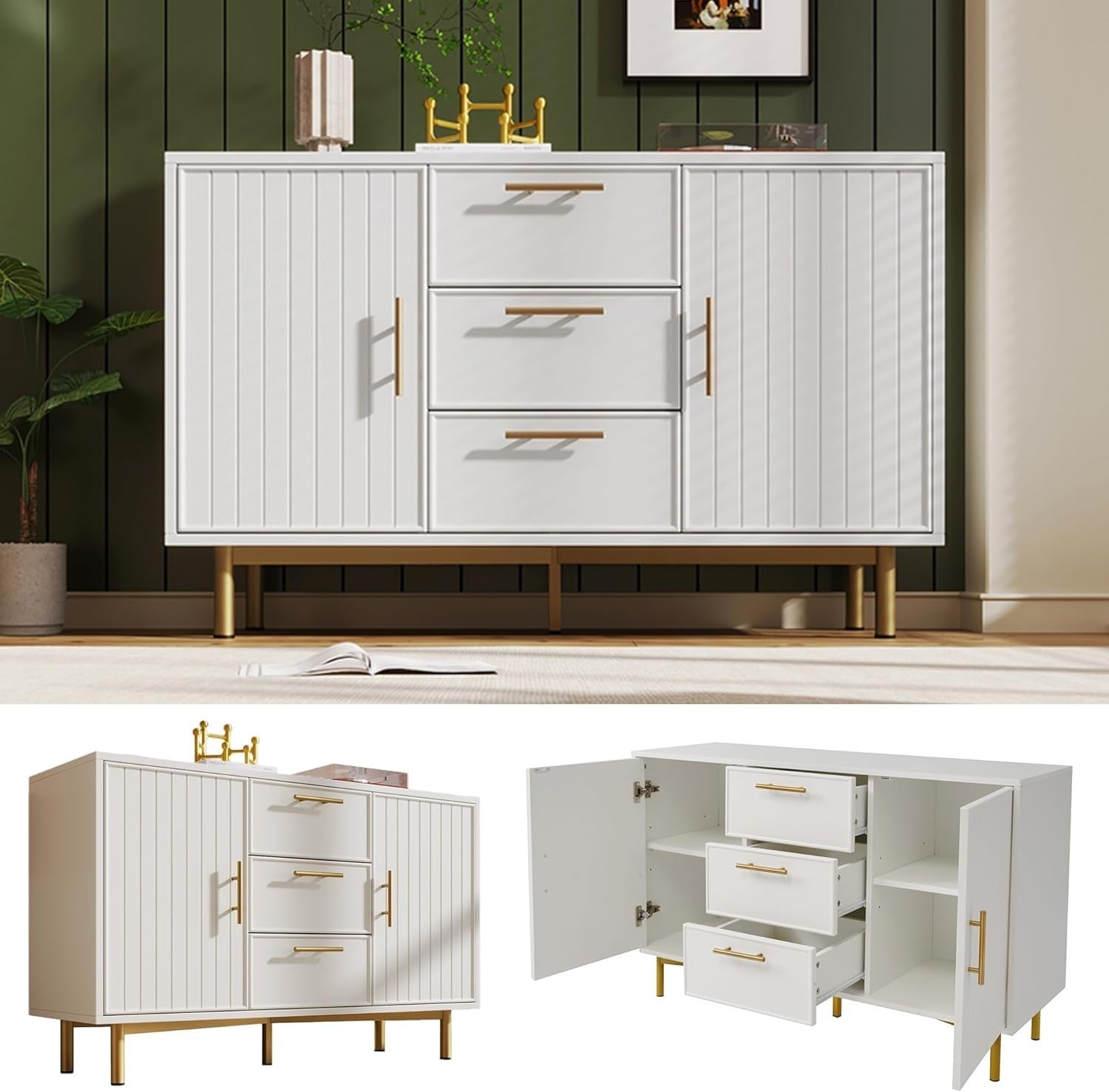 Modern White Sideboard Cabinet Drawers Doors Storage Unit 120cm Wide