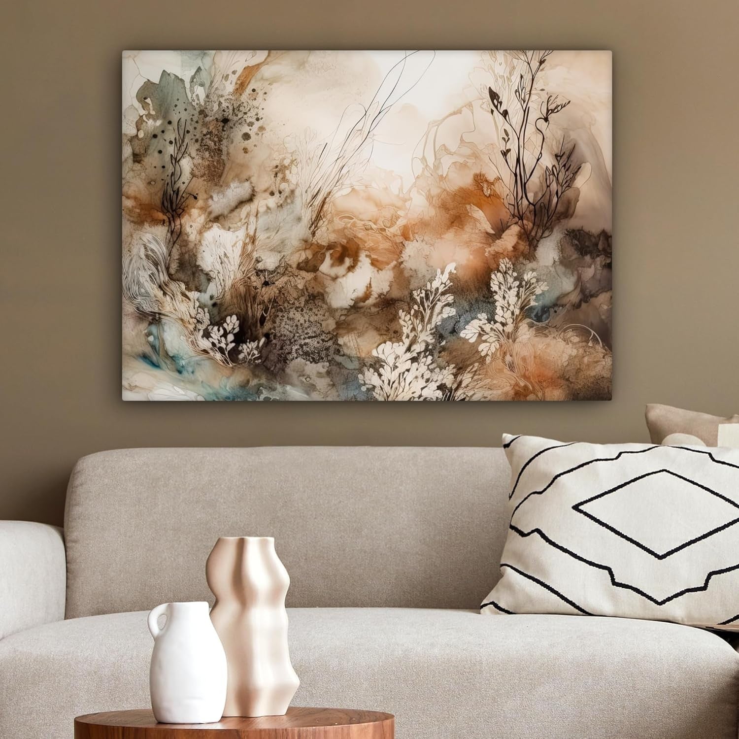 Abstract Floral Canvas Wall Art Beige Nature Flowers 80x60cm Living Room Decor