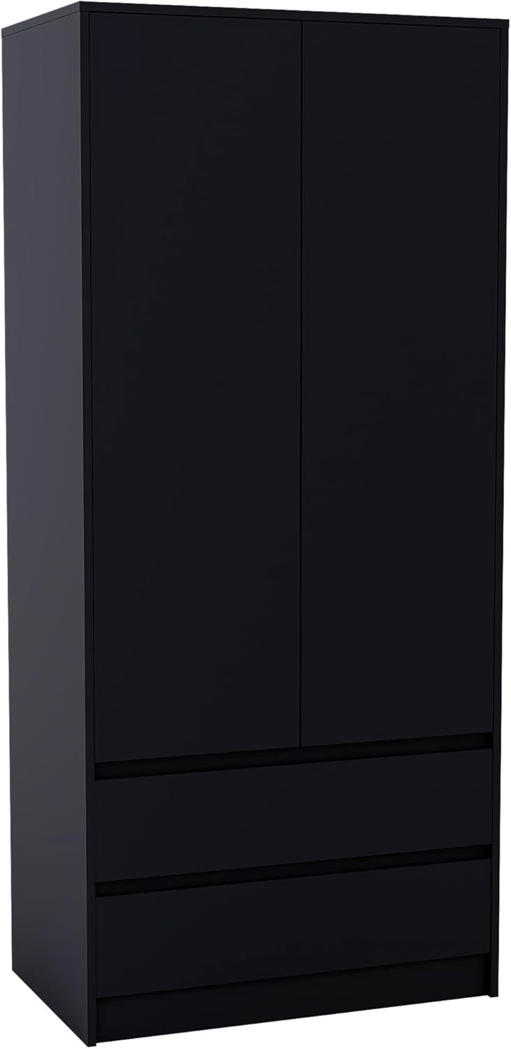 Modern 2 Door Black Wardrobe with 2 Drawers & Versatile Hanging Rail
