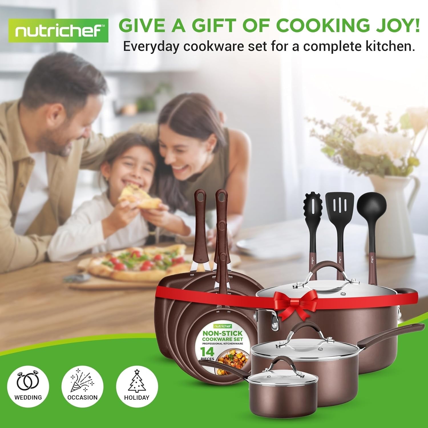 14pcs Brown Ceramic Stackable Non Stick Cookware Set Induction Safe Pots & Pans