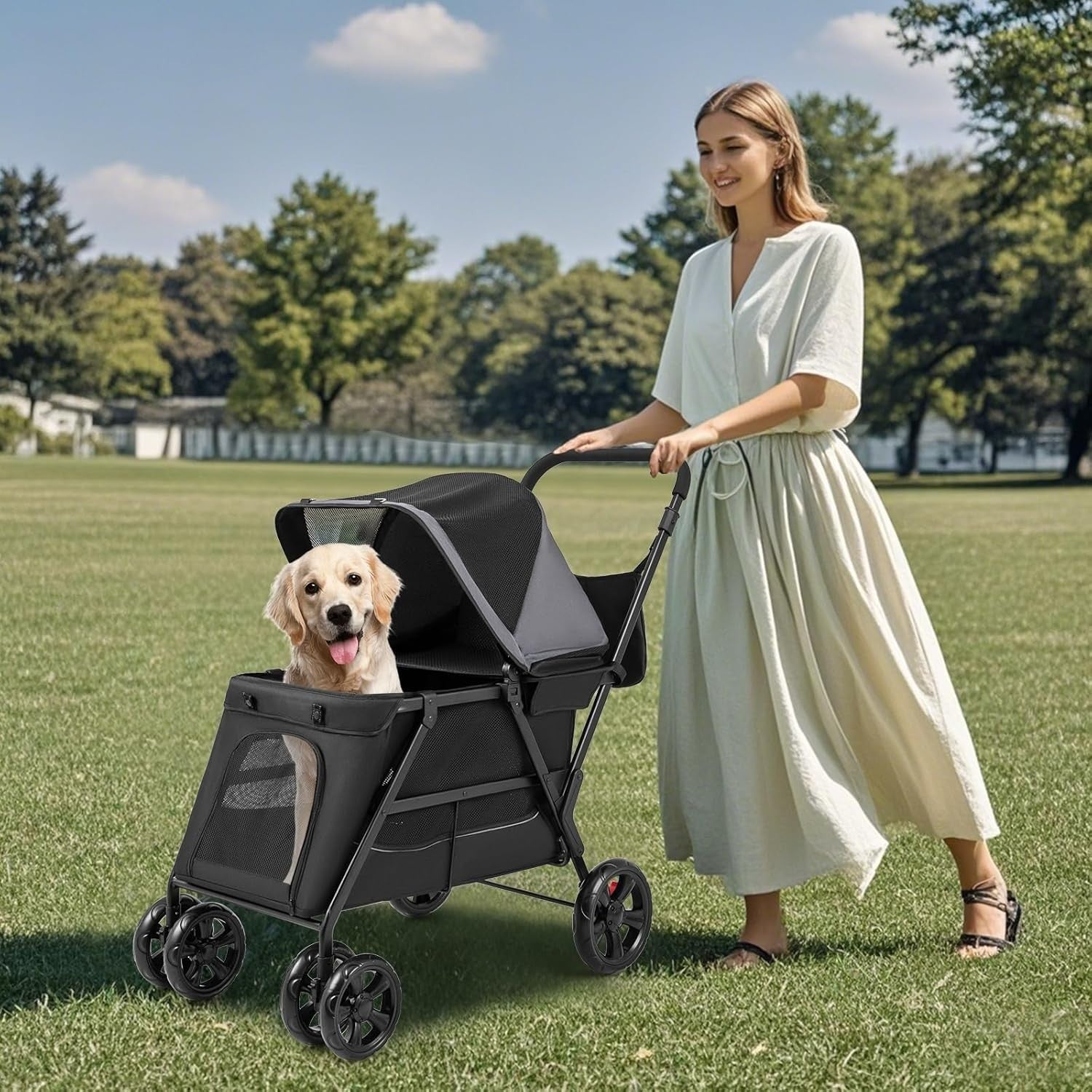 Pet Stroller Dog Buggy Foldable Pushchair Ramp Canopy Small Medium