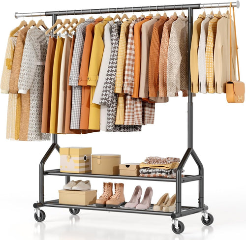Heavy Duty 252KG Clothes Rail With Shelves & Wheels Black