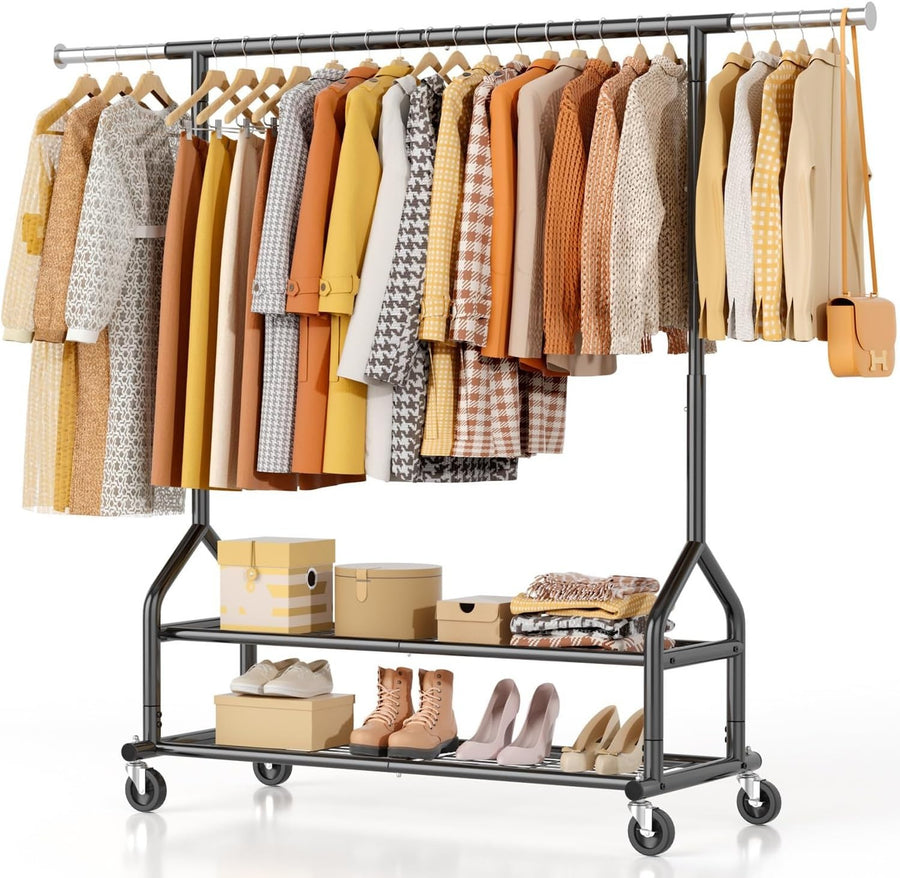 Heavy Duty 252KG Clothes Rail With Shelves & Wheels Black