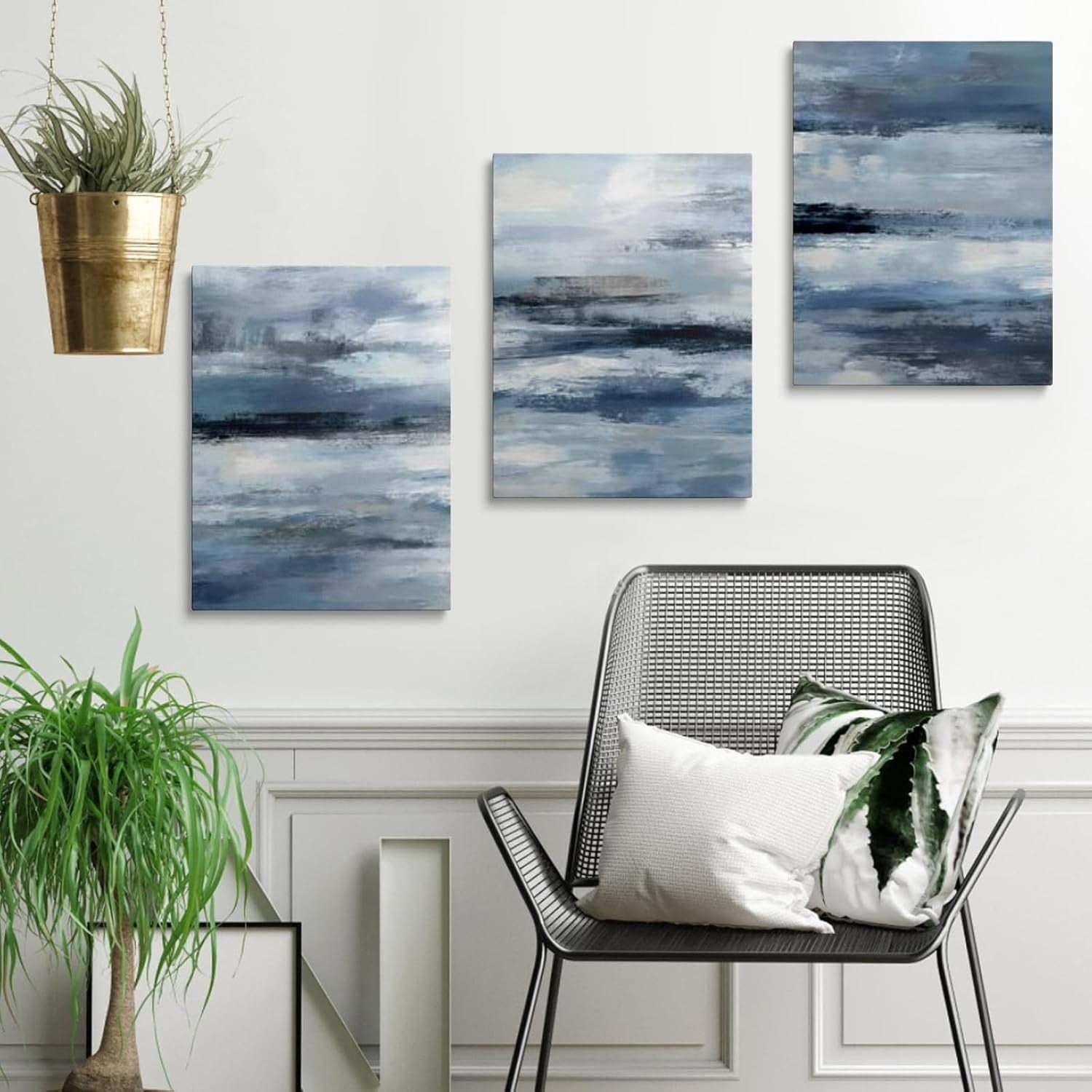 Set of 3 Abstract Canvas Wall Art Blue Grey 40x30cm Framed