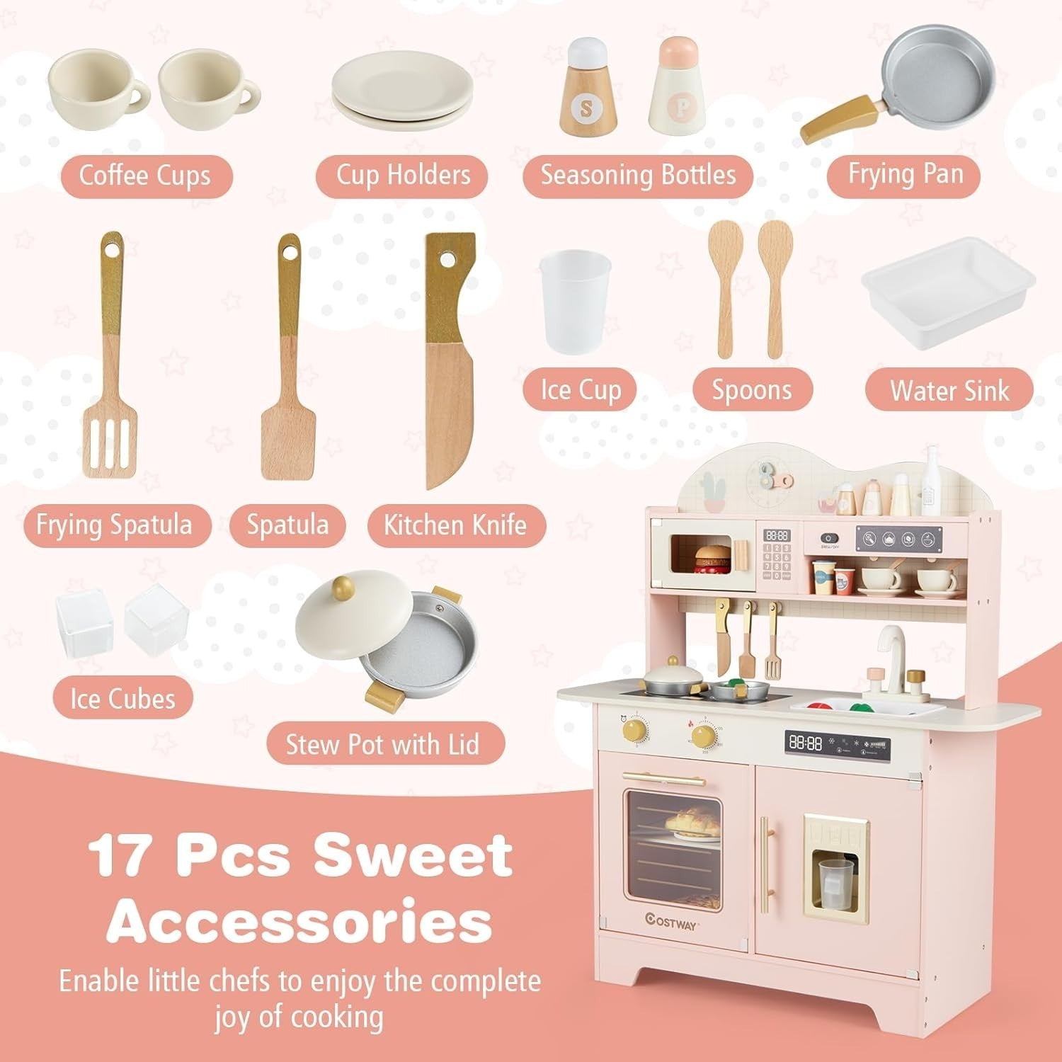 Wooden Kids Play Kitchen Pink Coffee Maker Oven 17PCS Accessories