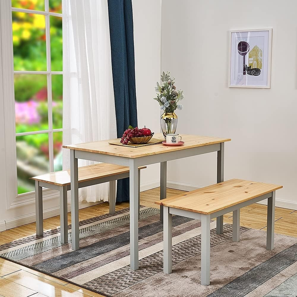 Solid Pine Dining Table & 2 Benches Set | Durable Kitchen Furniture Grey