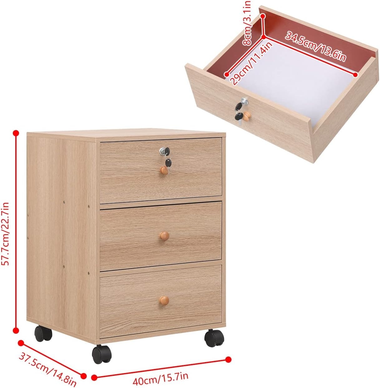 Maple Rolling 3 Drawer File Cabinet Top Lock Under Desk Storage
