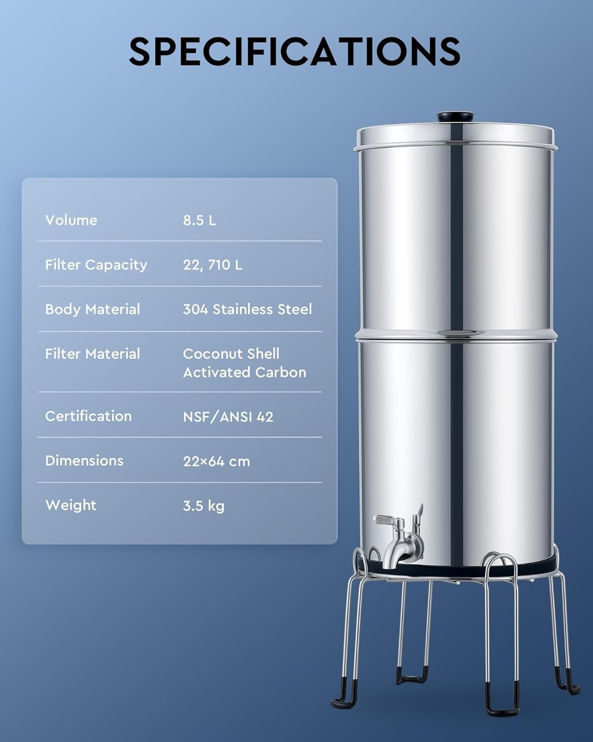 Gravity Fed Water Filter 8.5L Stainless Steel Countertop Purifier Stand