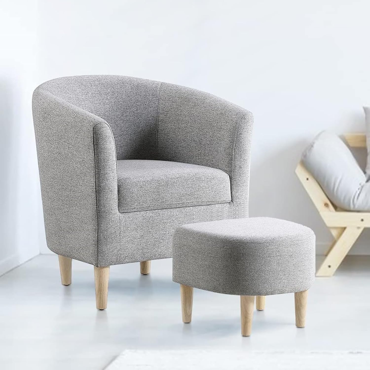 Grey Tub Chair & Footstool Set Linen Accent Armchair Lounge Seat
