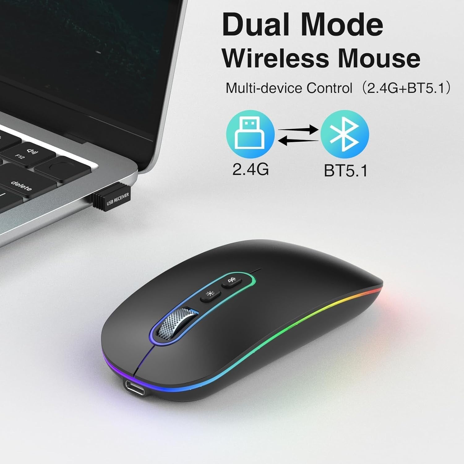 Slim Rechargeable Wireless Mouse Bluetooth 2.4G Silent Ergonomic 1600DPI