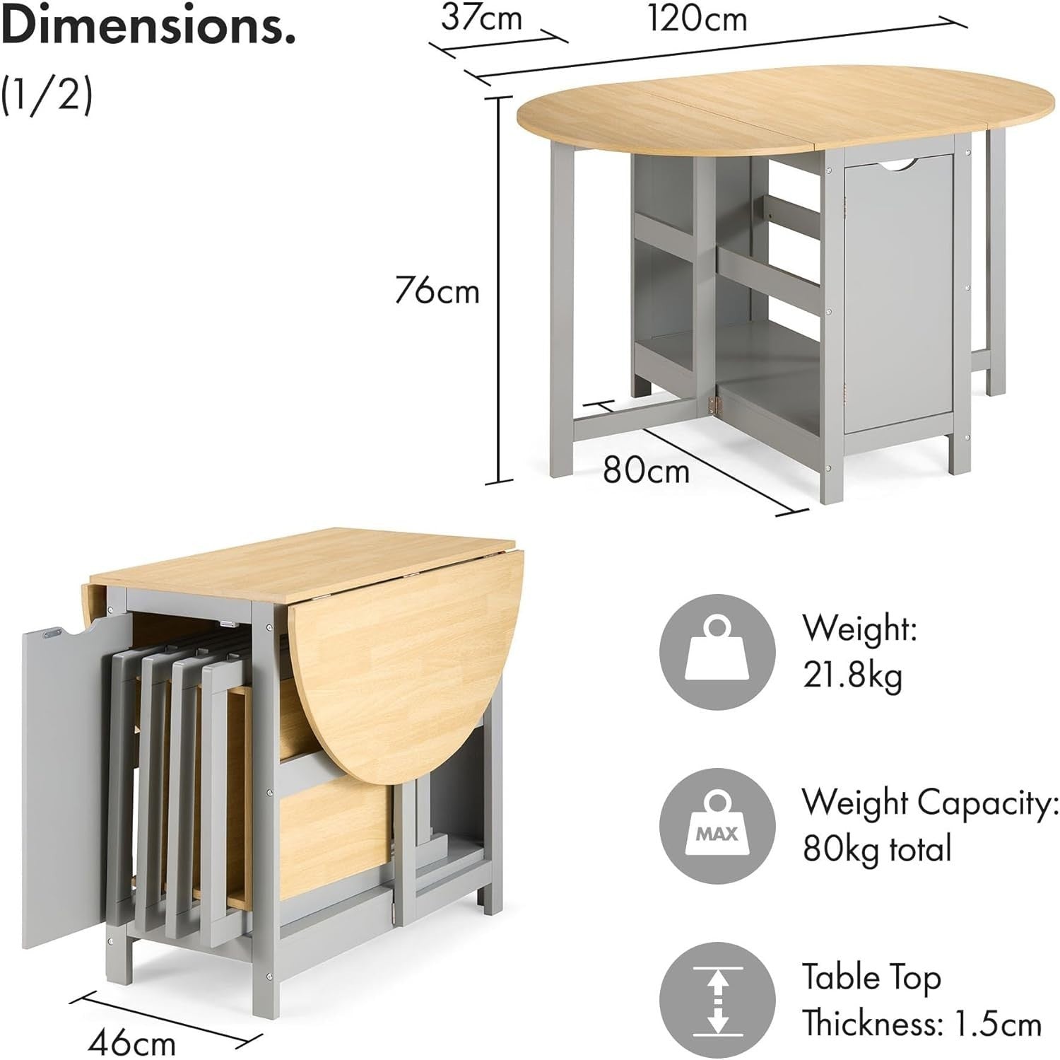 Foldable Dining Table & 4 Chairs 120cm Drop Leaf Grey Wood Set