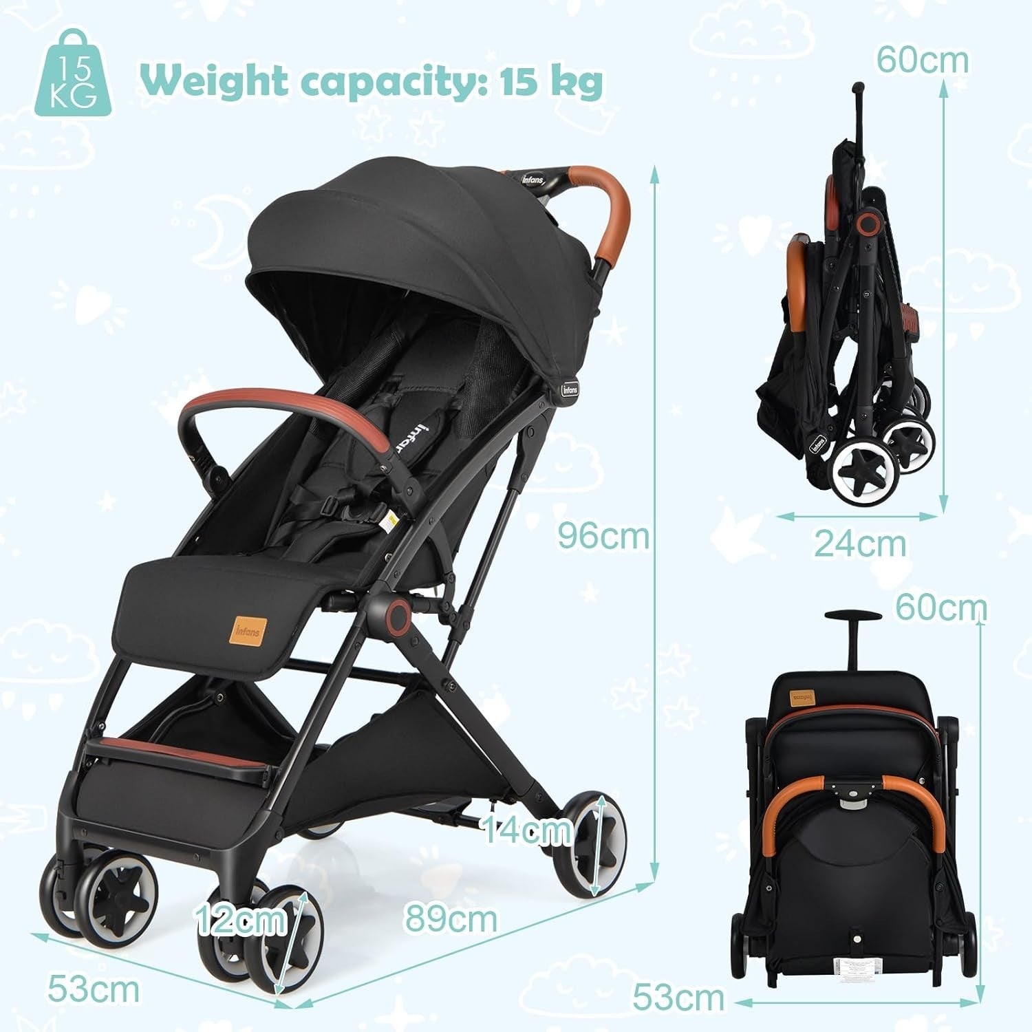 Black Lightweight Baby Stroller One Hand Fold Compact Travel Buggy