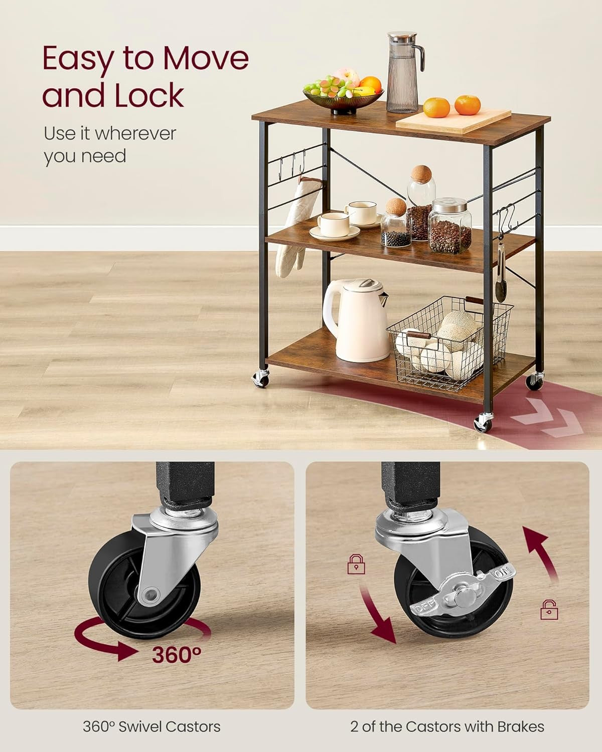 Kitchen Trolley on Wheels 3 Tier Microwave Shelf Rustic Rolling Storage Cart