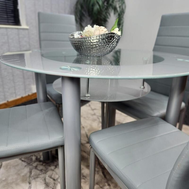 Round Grey Glass Dining Table Set with 4 Faux Leather Chairs Modern