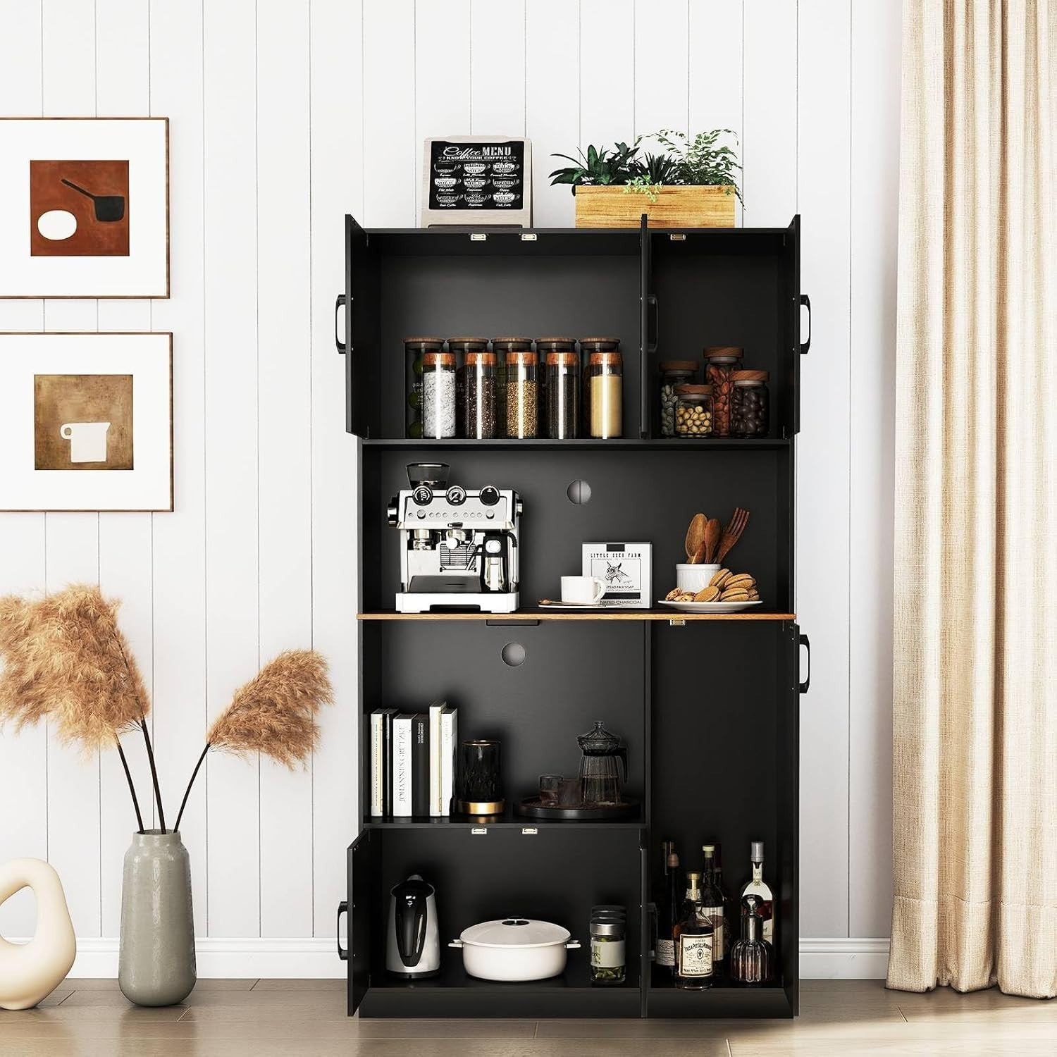 180cm Tall Kitchen Cupboard Black 6 Doors Pantry Cabinet with Power Outlet