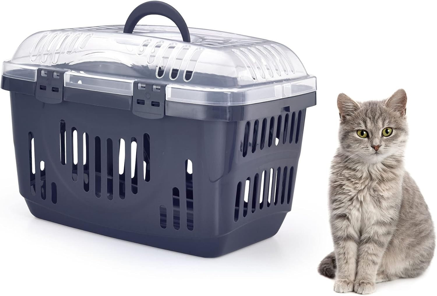 Grey Pet Carrier with Transparent Lid | Small Dog Cat Crate Travel Box Cage
