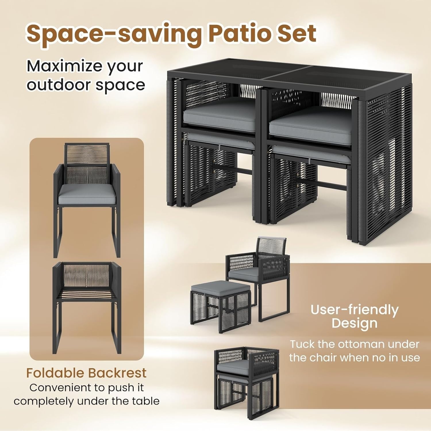 5 Piece Rattan Garden Dining Set Table Chairs Ottomans Cushions Space Saving