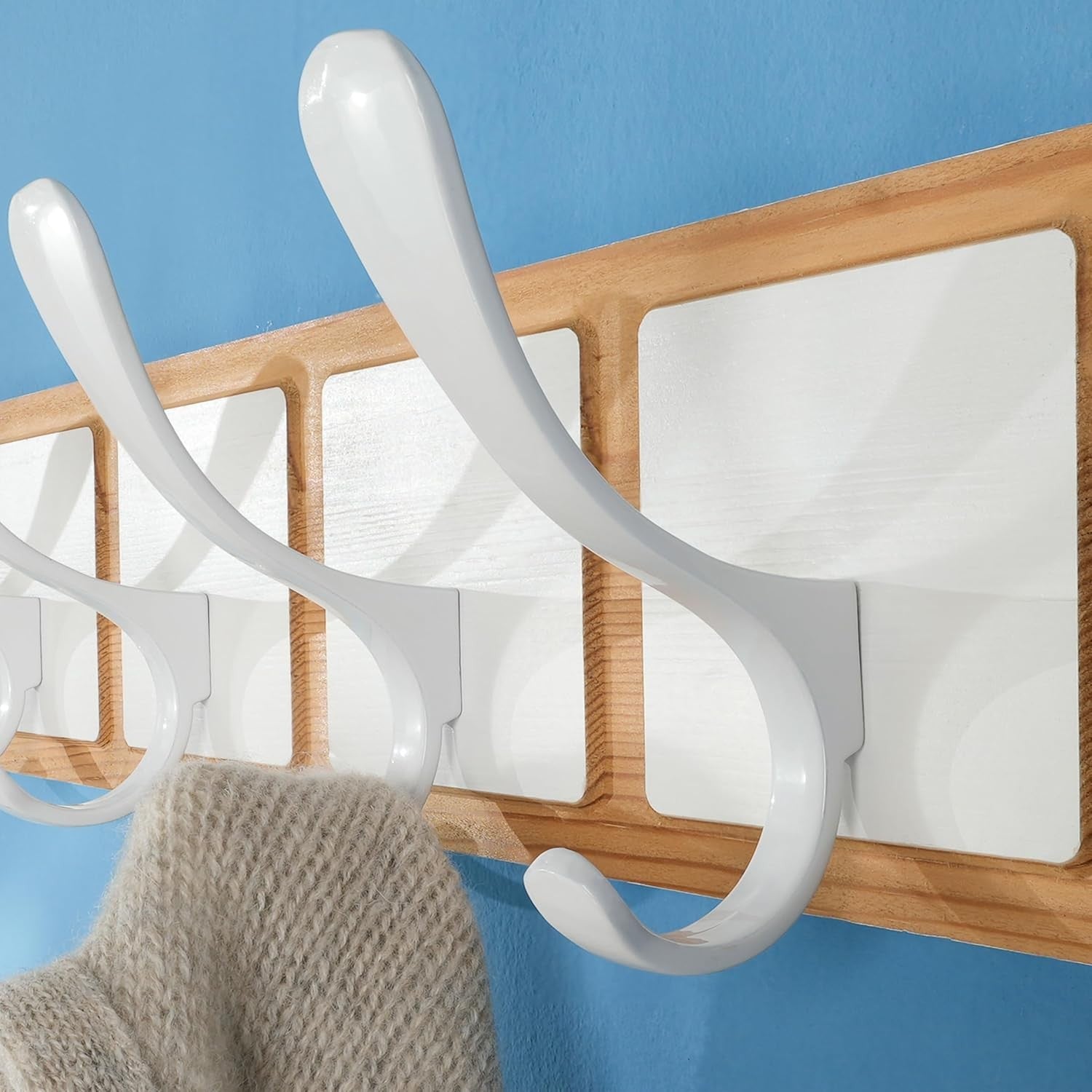 Scandi Wall Coat Rack Set | 2x 6 Hook Wooden Hanger Racks Natural & White