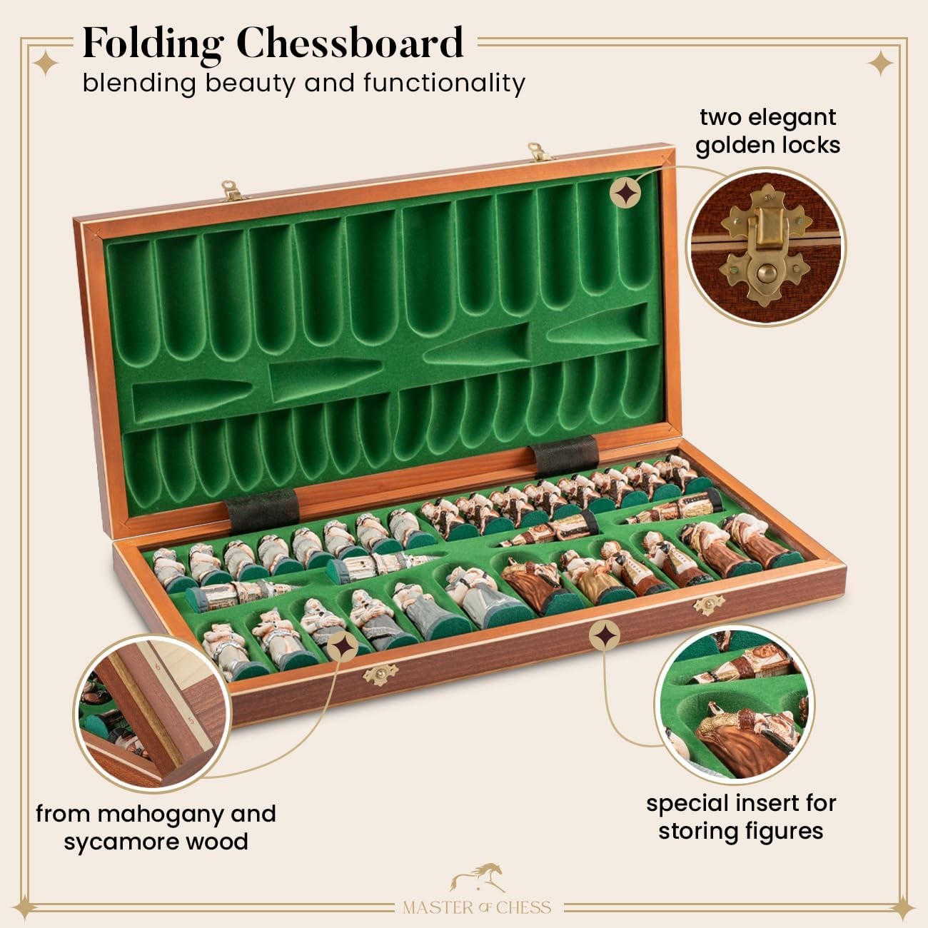 58cm Medieval Fantasy Chess Set | Stone Figures & Inlaid Wooden Board | Handcraf