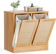 Double Rattan Laundry Cabinet 2 Baskets Wooden Tilt-Out Hamper Bathroom Storage