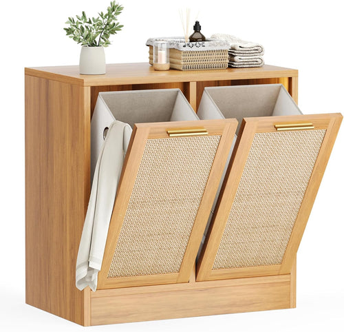 Double Rattan Laundry Cabinet 2 Baskets Wooden Tilt-Out Hamper Bathroom Storage