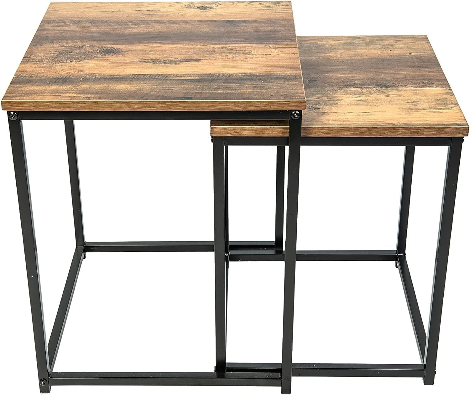 2X Square Nesting End Side Table Set Coffee Bedside Walnut Black Metal Frame