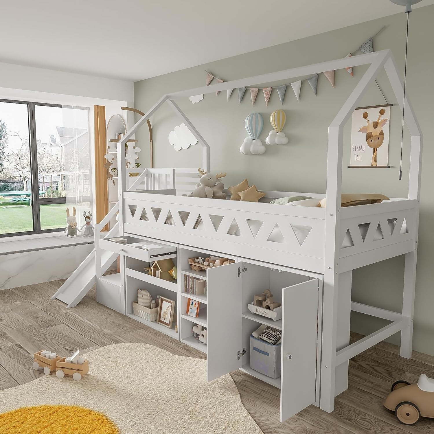 White Wooden Bunk Bed with Slide & Storage Stairs, Kids Loft Frame 90x190