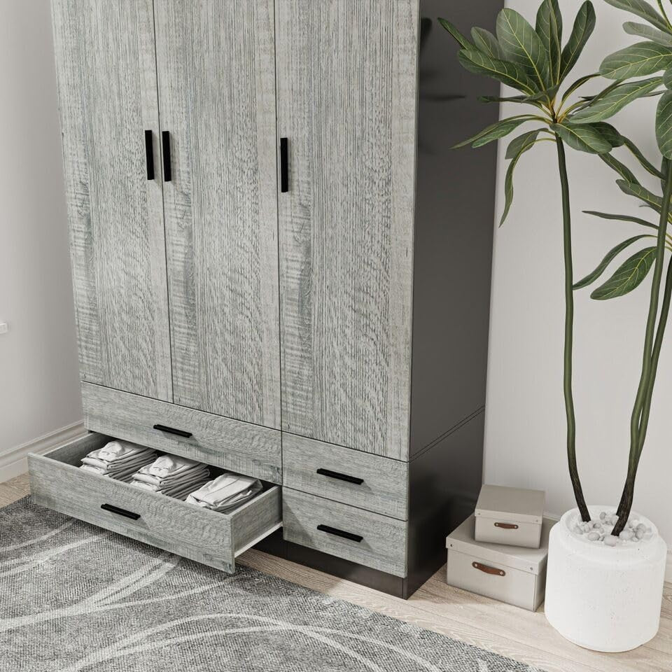 3 Door 4 Drawer Wardrobe Hanging Rail Black Ash Grey Bedroom Storage