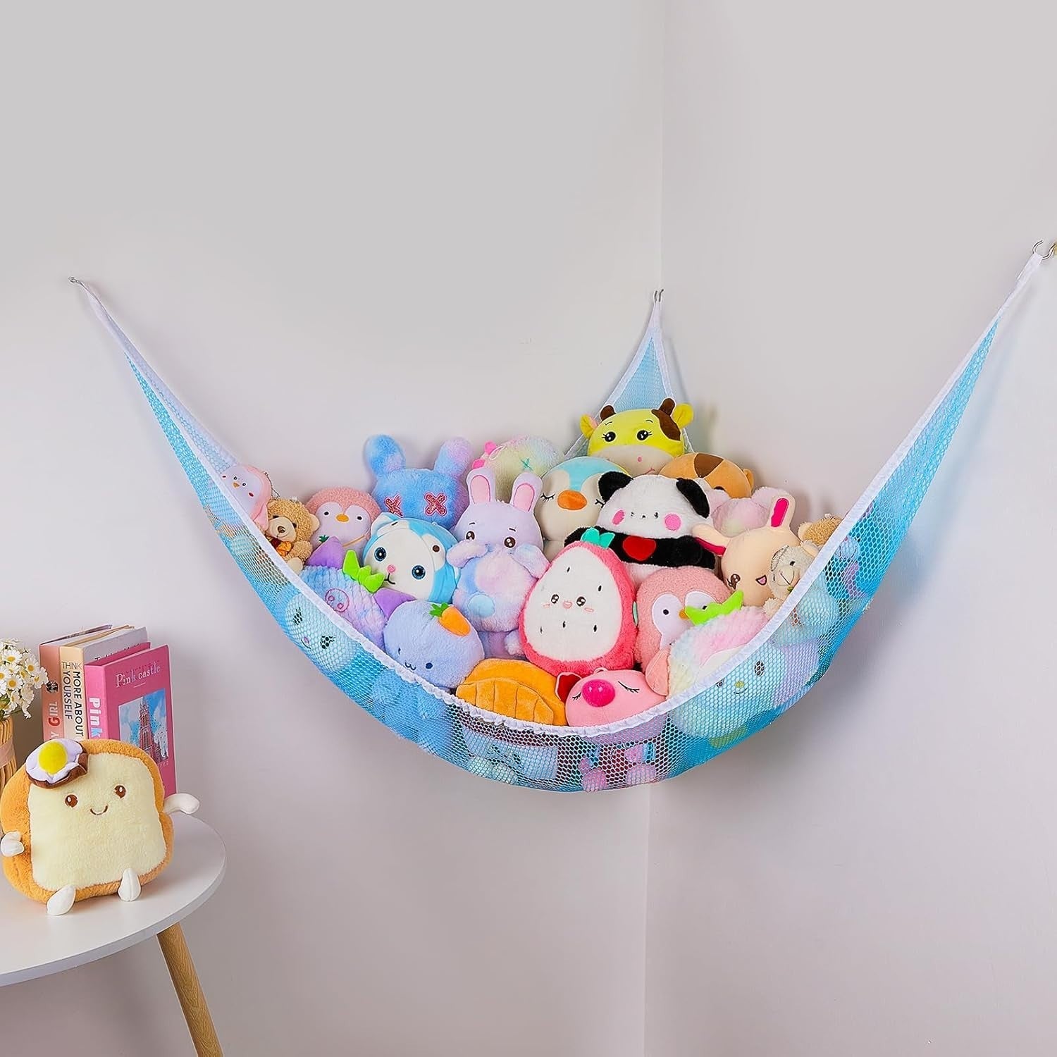 Stuffed Animal Toy Hammock with LED Light – Corner Net Storage Organizer