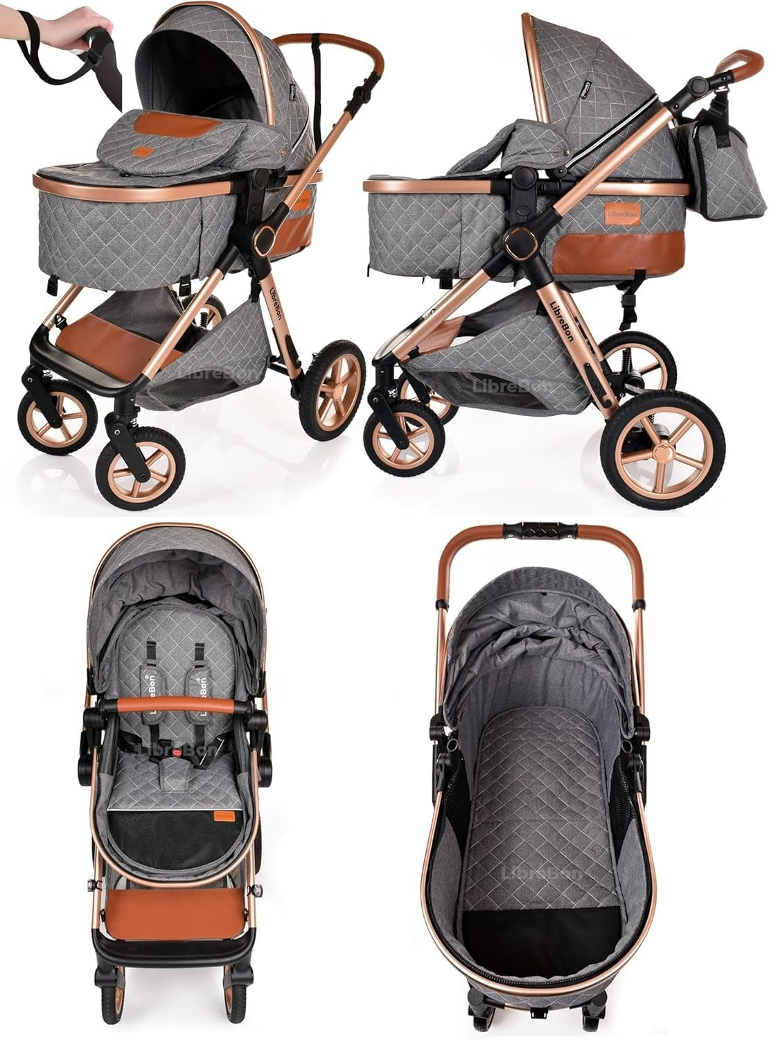 Luxury 3in1 Baby Pram Pushchair Car Seat Foldable Rose Gold Grey