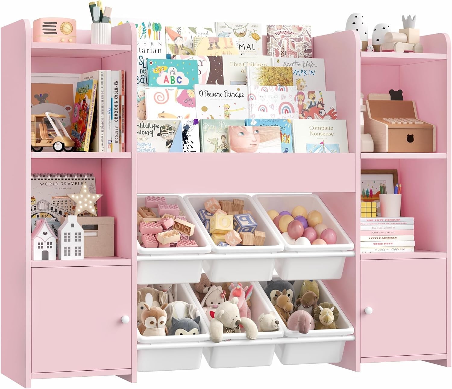 Large Kids Toy Storage Bookshelf with 6 Boxes & 4 Tier Shelves for Playroom Pink