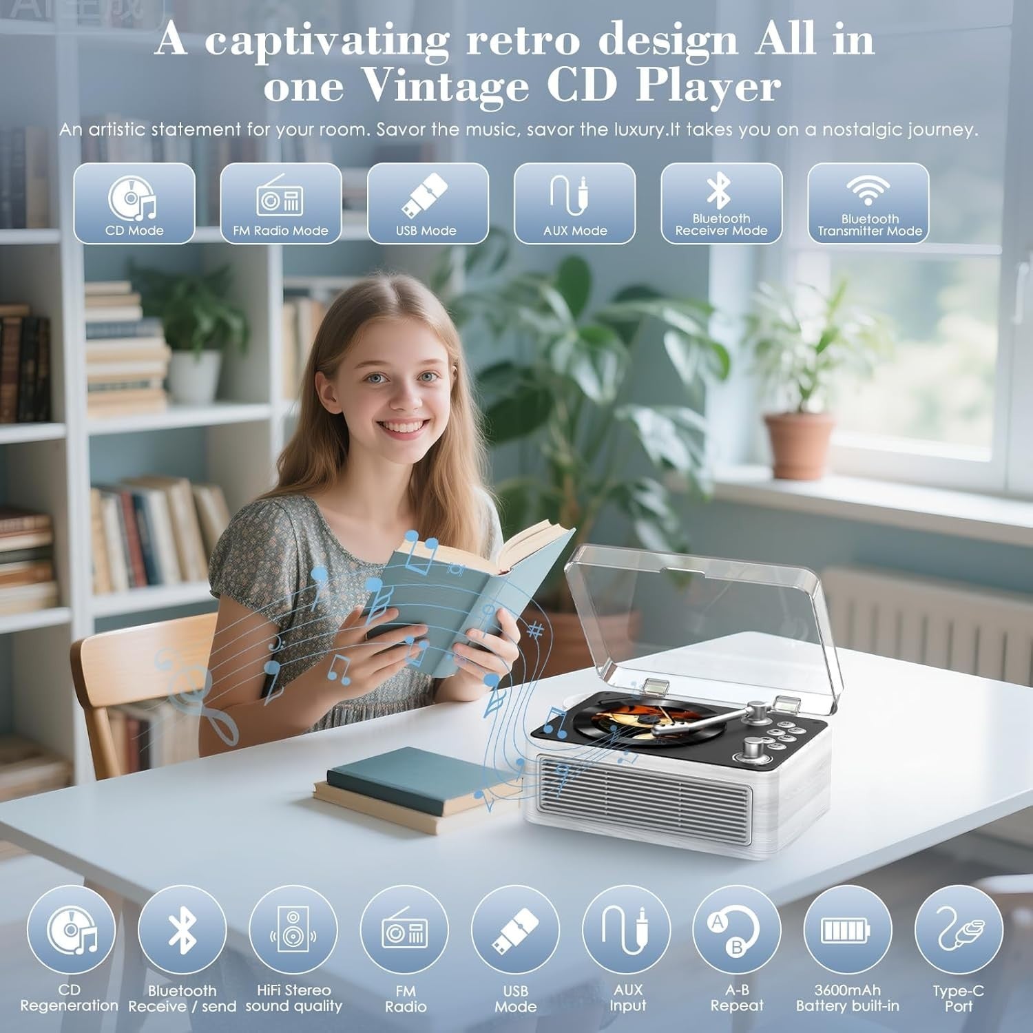 Retro Bluetooth CD Player FM Radio USB AUX HiFi Speakers Poplar