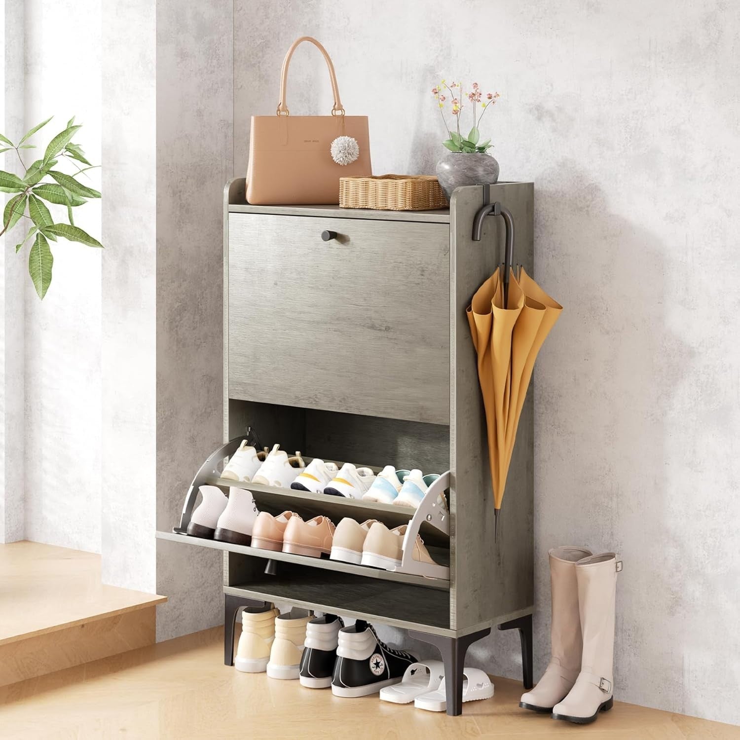 Shoe Cabinet 2 Flip Drawers Adjustable Dividers Compact Hallway Storage Grey