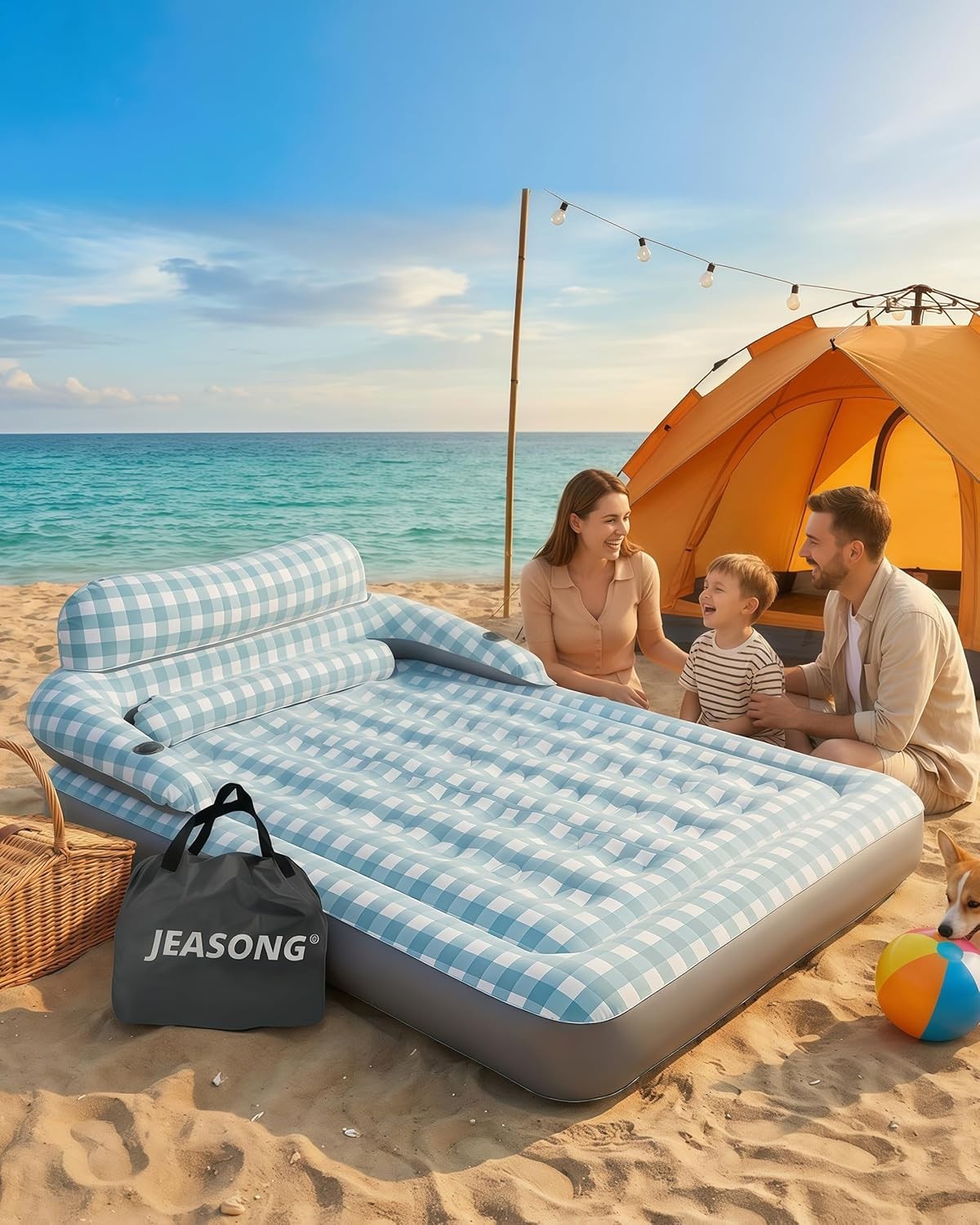 King Inflatable Air Bed with Headboard Pump Flocked Top Camping Guest