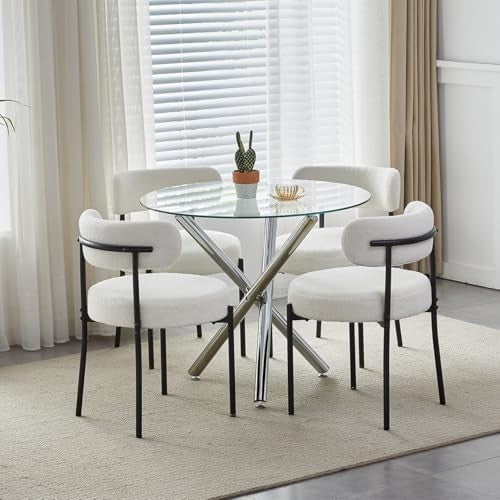 Round Glass Dining Table Set with 4 Beige Chairs Modern Dining Room
