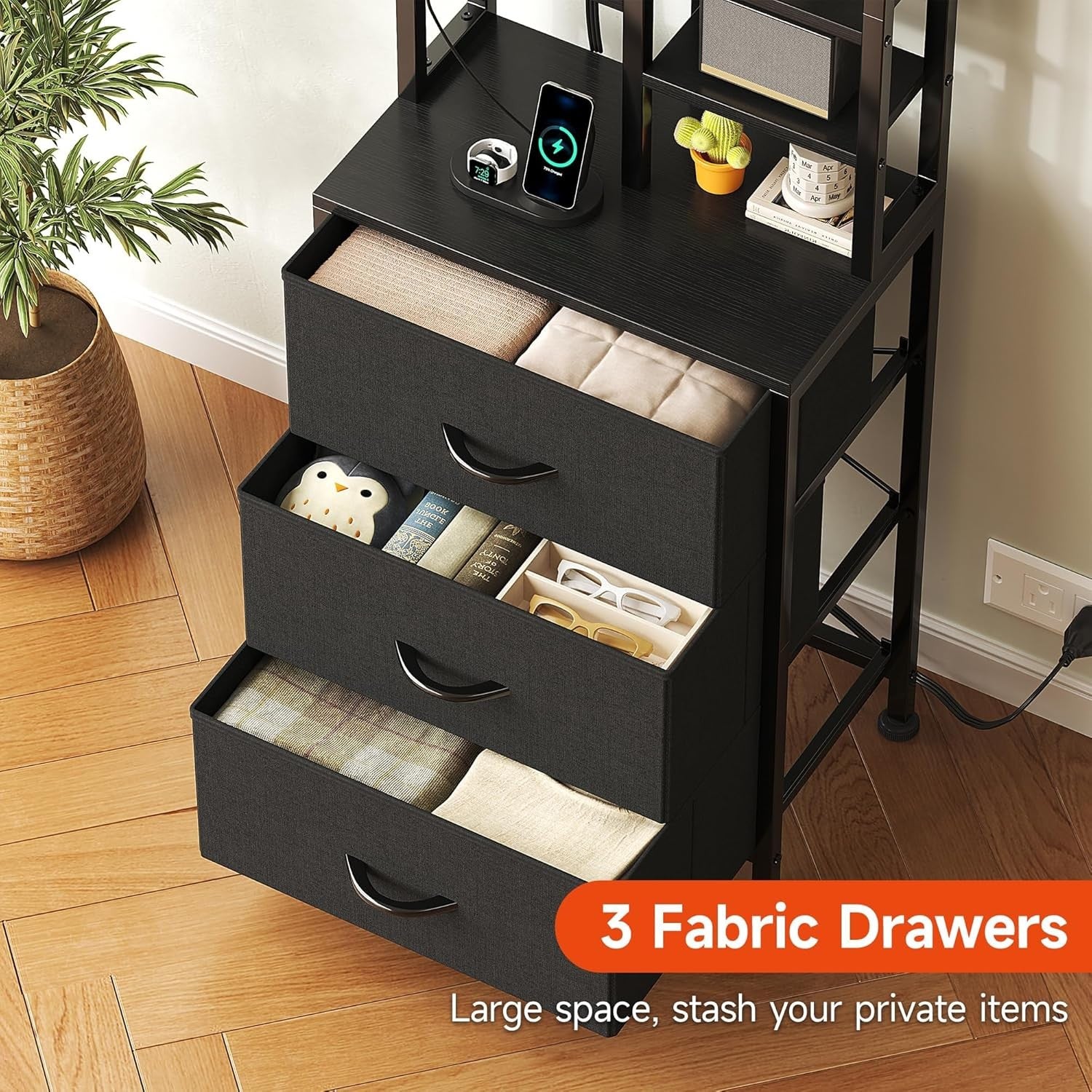 Tall Bedside Table with LED Lights Charging Ports Shelves Drawers Storage Unit