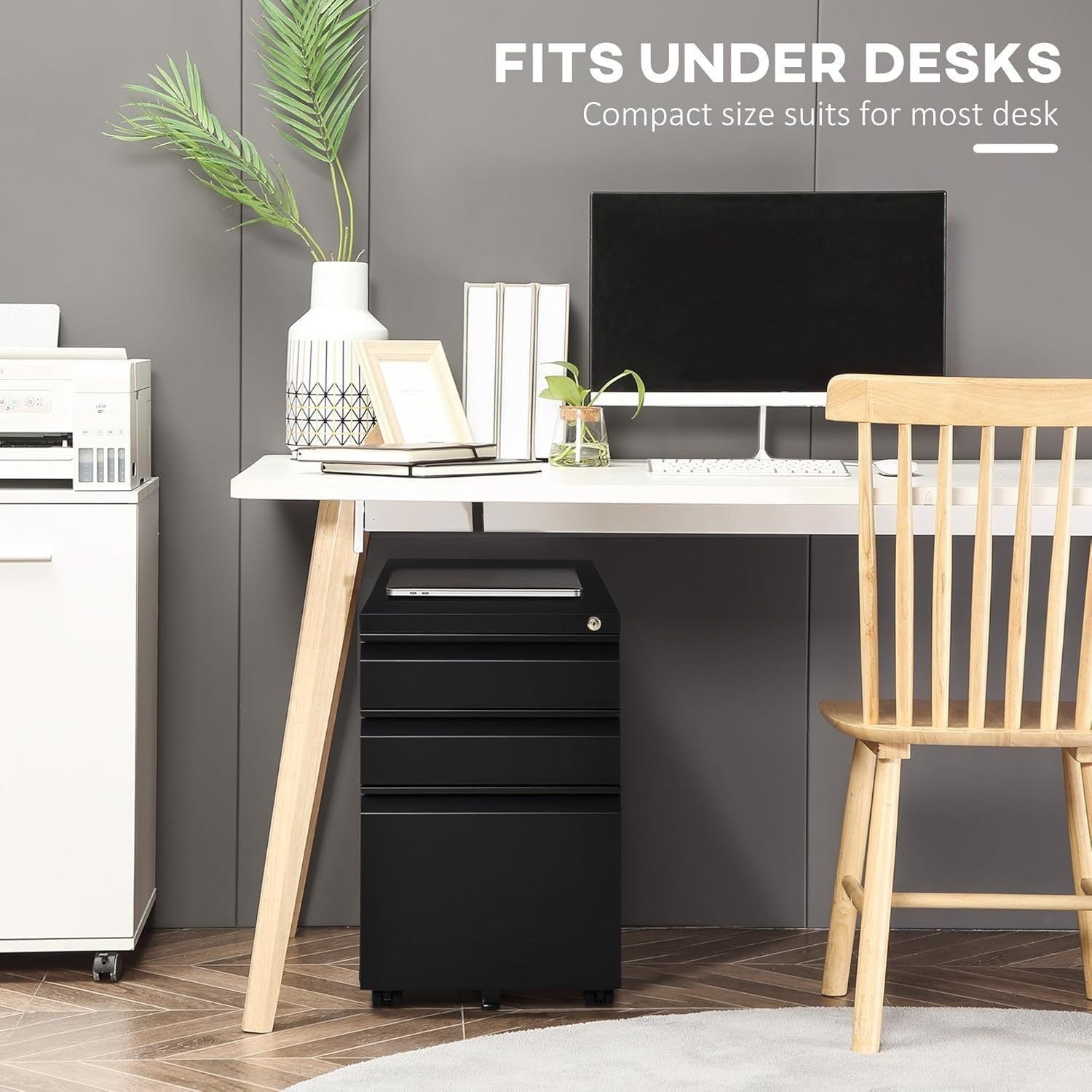 3 Drawer Mobile Filing Cabinet with Lock Under Desk Office Storage Black