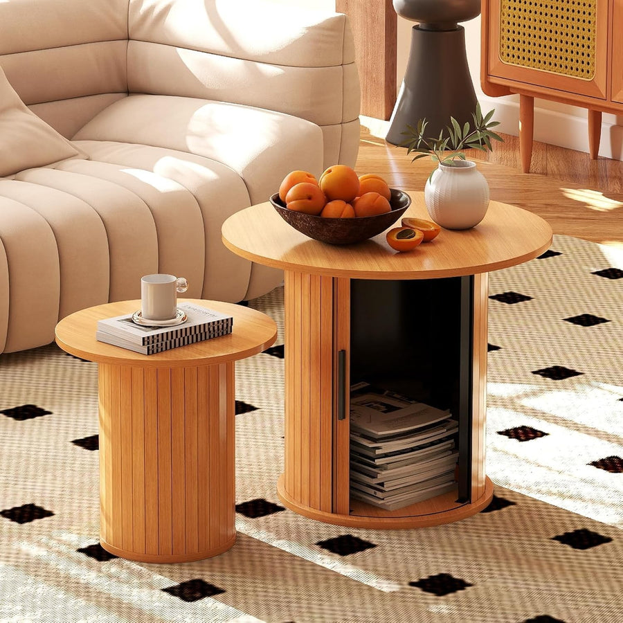 2pcs Round Nesting Coffee Table Set Wood Hidden Storage Side End Living Room