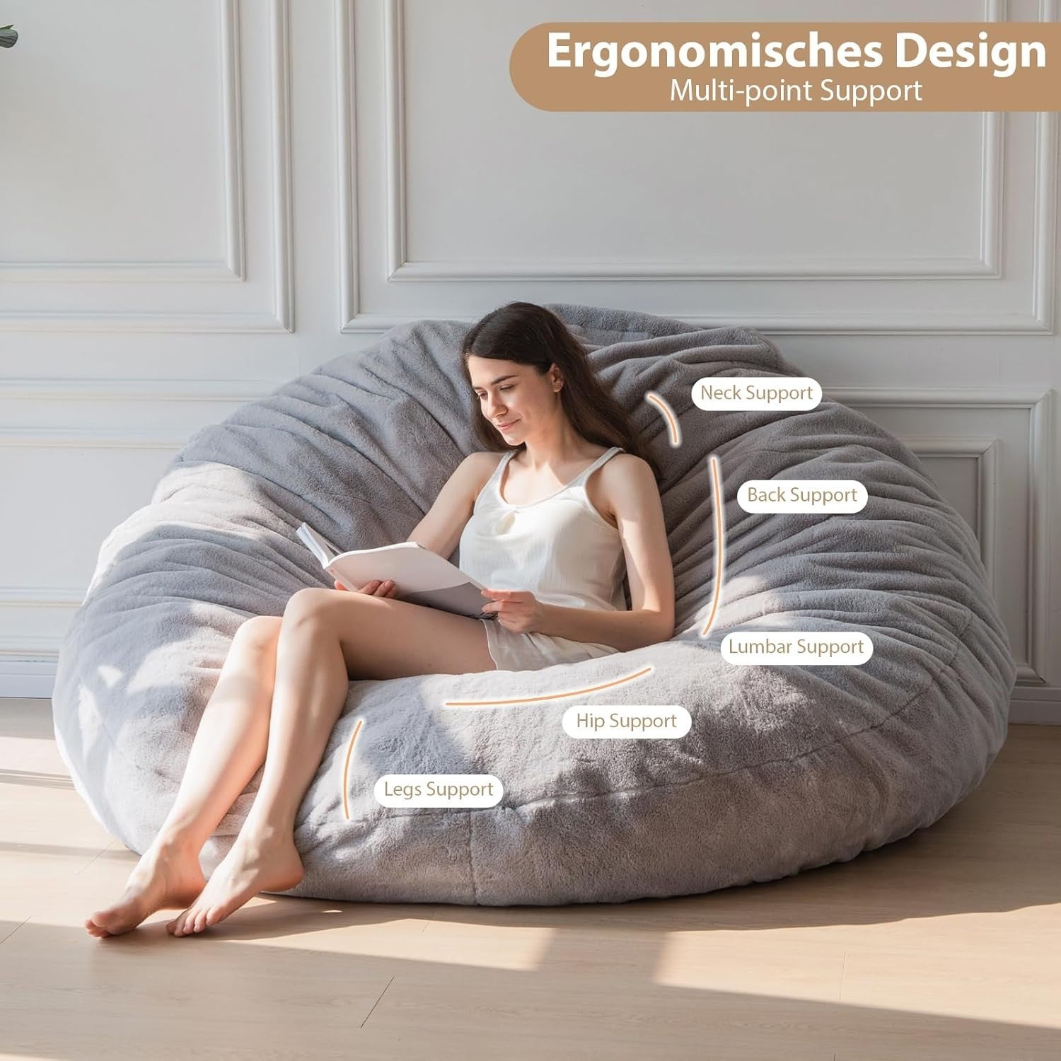 150x150cm Grey Bean Bag Chair Bed | Plush Floor Sofa for Guest, Lounge