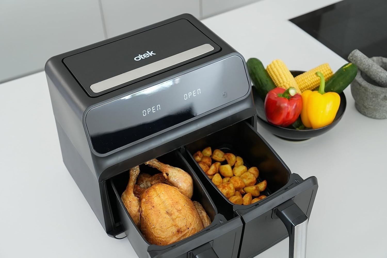 Dual Zone Air Fryer 8L 2 Drawer Touchscreen Oil Free Timer 1700W