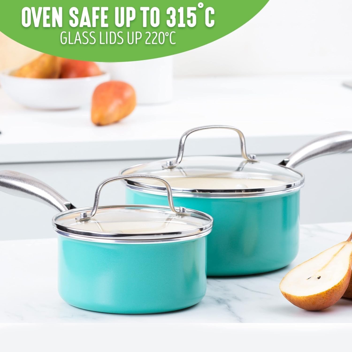 2Pcs Turquoise Ceramic Saucepan Set Non Stick 14cm 18cm With Lids Induction Safe