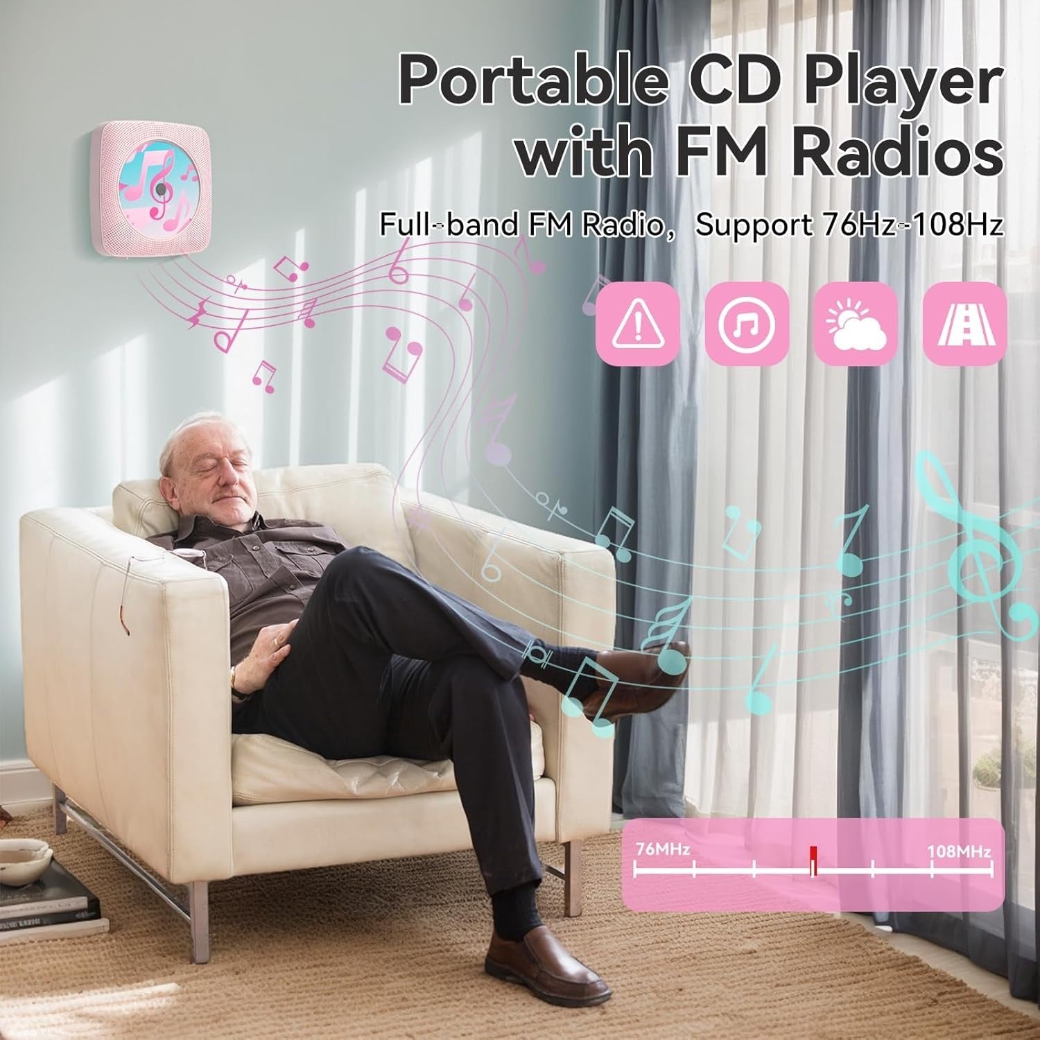 Portable CD Player Bluetooth Speakers FM Radio USB AUX Remote Pink