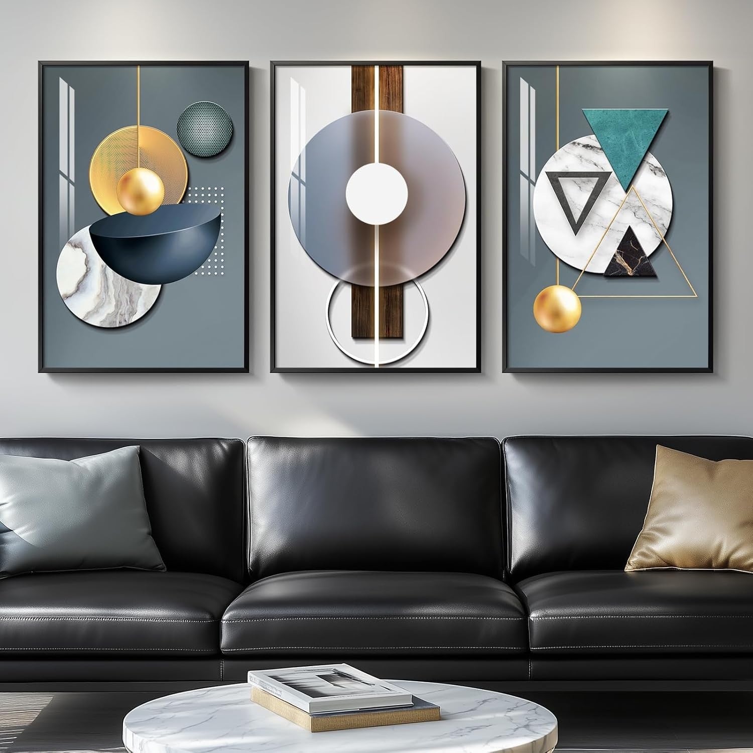 Large Framed Abstract Wall Art Set of 3 Blue Green Prints