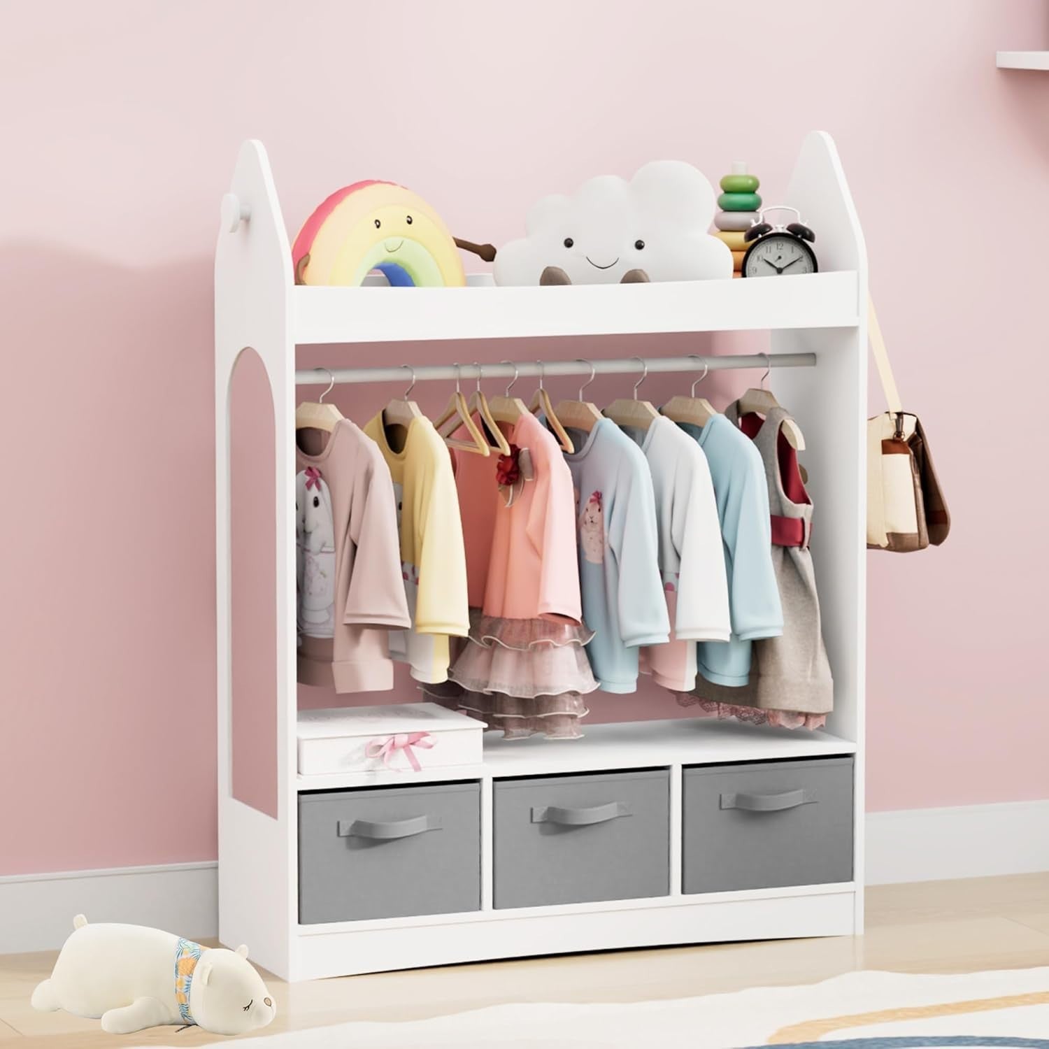 Kids Wardrobe Dress Up Storage with Mirror Costume Rail Closet Armoire White