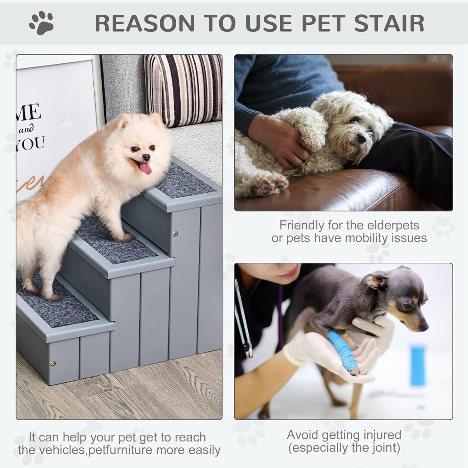 3-Step Wooden Dog Stairs Sofa Bed Pet Steps with Storage Grey